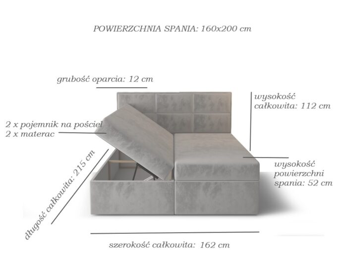 Komfortowe Łóżko Kontynentalne 160x200 + Duże Panele Jako Oparcie + 2 Pojemniki Na Pościel + 2 Materace Bonell - Wybór Kolorów - MILTON