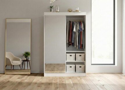 Biała szafa z szufladami Flin 140 cm otwarta prawa strona