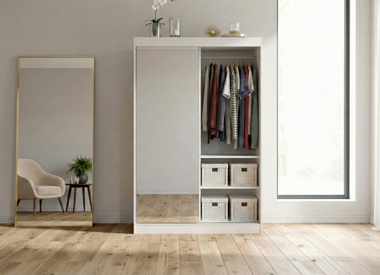 biala-szafa-2-drzwiowa-140-cm-z-lustrem-flin Biała szafa z szufladami Flin 140 cm otwarta prawa strona