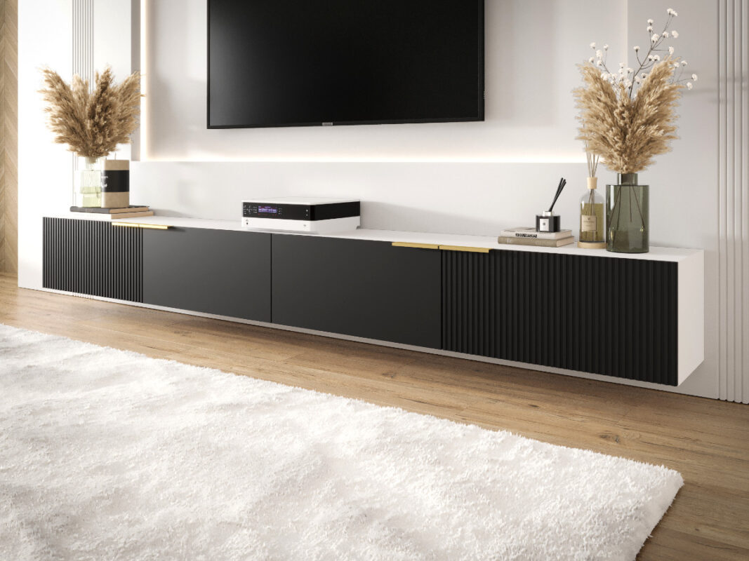 Zestaw RTV Z Lamelami 220 CM - Meblościanka Wisząca - Szafki Modułowe + Fronty Frezowane Lakierowane CAPRI - OFERTA MAGAZYNOWA - WYSYŁKA 24H