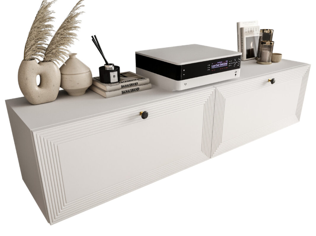 Szafki RTV Białe 110 CM Wiszące 2 Sztuki Modułowe + Fronty Frezowane Lakierowane MDF - EVORA - OFERTA MAGAZYNOWA - WYSYŁKA 24H
