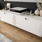 Szafki RTV Białe 150 CM Mała Meblościanka Nowoczesna Wisząca Moduły Do Salonu+ Fronty Frezowane Lakierowane MDF 18 MM + Wybór Wzorów EVORA