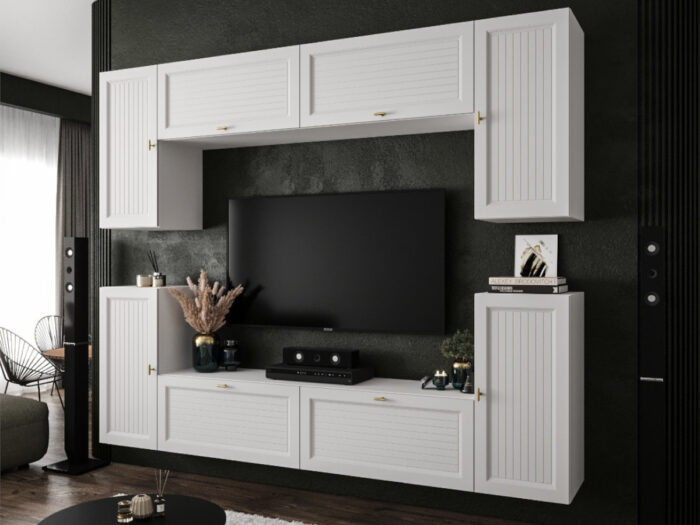 Biała Meblościanka Nowoczesna Zestaw Szafek RTV Do Salonu 220X180X35 CM + Fronty Frezowane Malowane MDF 18 MM + Wybór Wzorów LUIZJANA