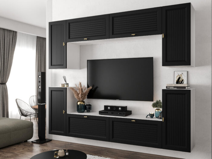 Nowoczesna Meblościanka Modułowa Biało Czarna Zestaw Szafek RTV Do Salonu 220X180X35 CM + Fronty Frezowane Malowane MDF 18 MM + Wybór Wzorów LUIZJANA