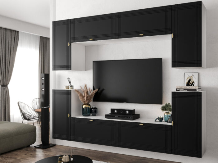 Nowoczesna Meblościanka Modułowa Biało Czarna Zestaw Szafek RTV Do Salonu 220X180X35 CM + Fronty Frezowane Malowane MDF 18 MM + Wybór Wzorów LUIZJANA