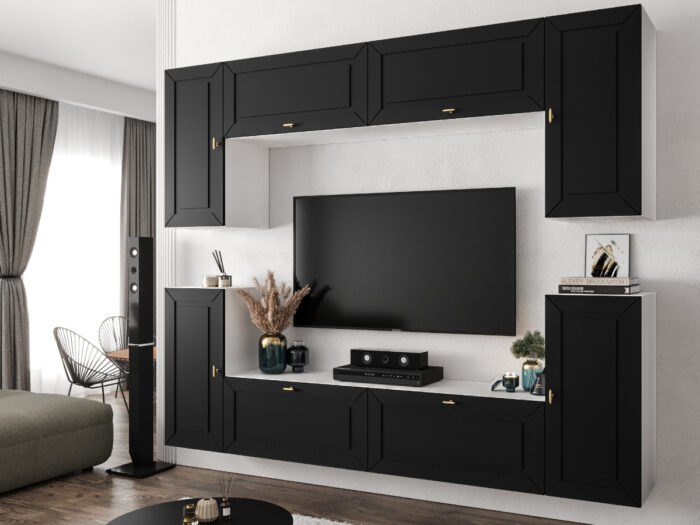 Nowoczesna Meblościanka Modułowa Biało Czarna Zestaw Szafek RTV Do Salonu 220X180X35 CM + Fronty Frezowane Malowane MDF 18 MM + Wybór Wzorów LUIZJANA