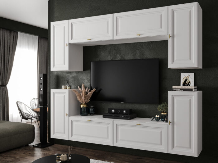 Biała Meblościanka Nowoczesna Zestaw Szafek RTV Do Salonu 220X180X35 CM + Fronty Frezowane Malowane MDF 18 MM + Wybór Wzorów LUIZJANA