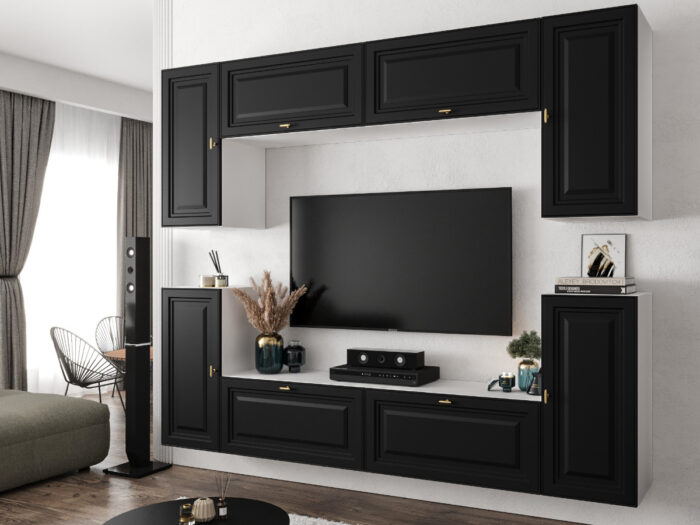 Nowoczesna Meblościanka Modułowa Biało Czarna Zestaw Szafek RTV Do Salonu 220X180X35 CM + Fronty Frezowane Malowane MDF 18 MM + Wybór Wzorów LUIZJANA