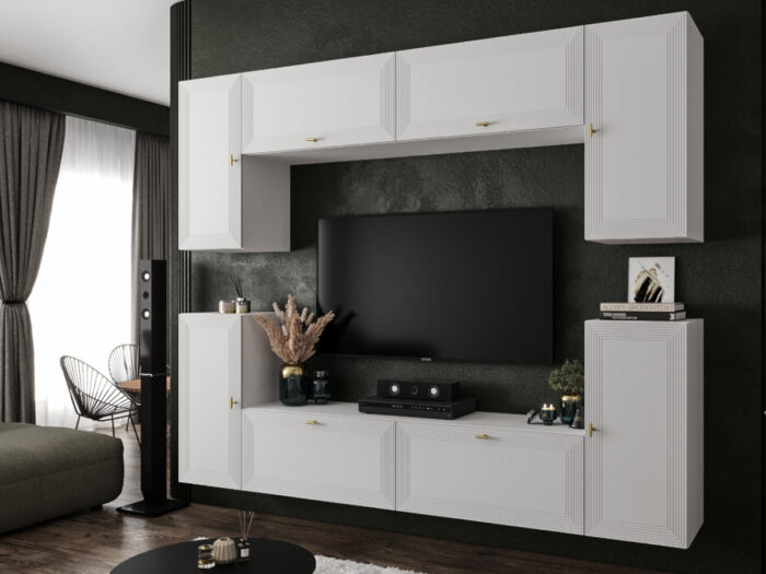 Biała Meblościanka Nowoczesna Zestaw Szafek RTV Do Salonu 220X180X35 CM + Fronty Frezowane Malowane MDF 18 MM + Wybór Wzorów LUIZJANA
