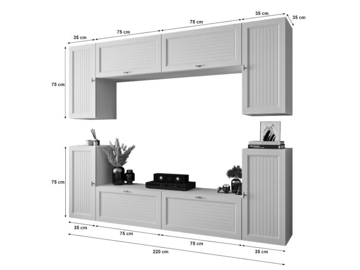 Biała Meblościanka Nowoczesna Zestaw Szafek RTV Do Salonu 220X180X35 CM + Fronty Frezowane Malowane MDF 18 MM + Wybór Wzorów LUIZJANA