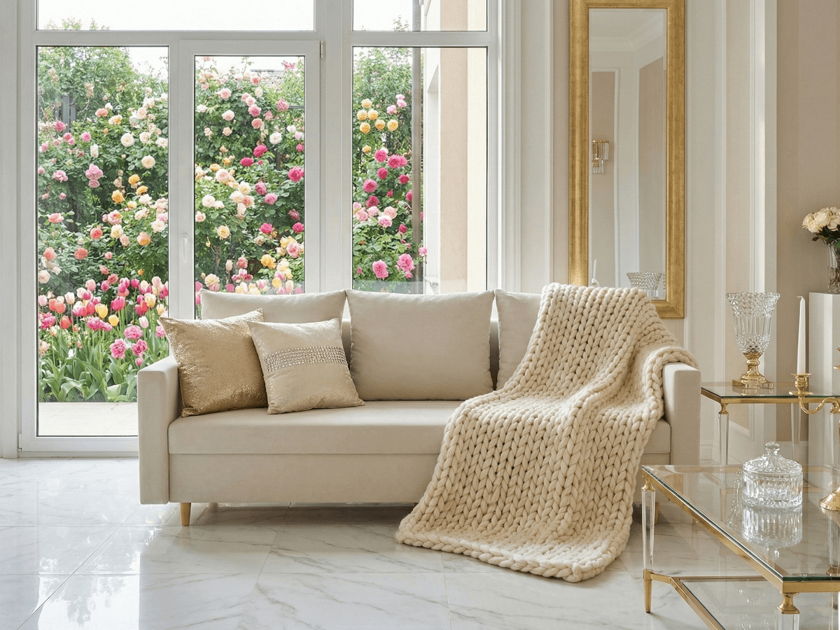 kadr-z-przodu-sofa-3-osobowa-222-cm-bezowa-SPRING Frontalne ujęcie luksusowa aranżacja -Sofa 3 Osobowa Rozkładana SPRING