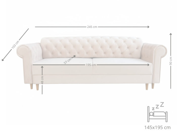 Pikowana 3 Osobowa Kanapa 245X103X90 CM + Sofa Rozkładana - Pikowane Meble Wypoczynkowe + Pianka HR45 + Sprężyny Faliste - MONA