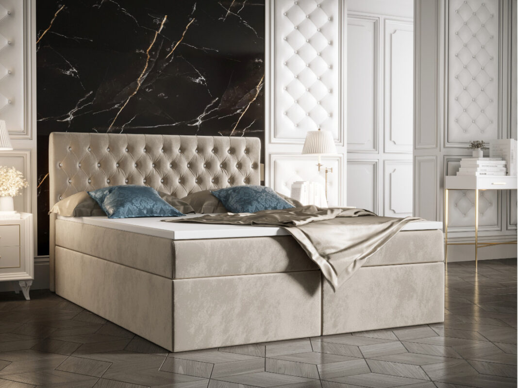 Łóżko Boxspring Z Kryształkami 140x200 Kontynentalne + 2 Pojemniki Na Pościel + 2 Materace Bonell - Wybór Kolorów - VERA