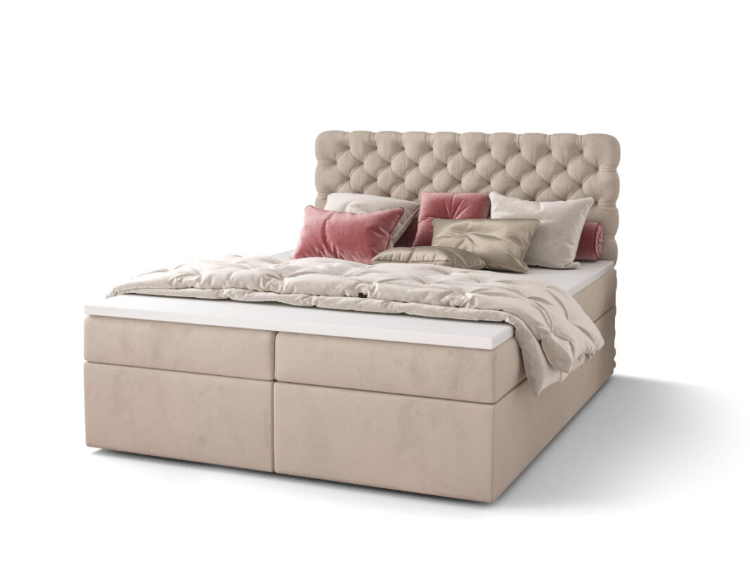 Pikowane Łóżko Kontynentalne 140x200 Styl Chesterfield + 2 Pojemniki Na Pościel + 2 Materace Bonell - Wybór Kolorów - SEMPRE