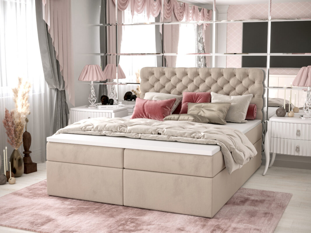 Pikowane Łóżko Kontynentalne 140x200 Styl Chesterfield + 2 Pojemniki Na Pościel + 2 Materace Bonell - Wybór Kolorów - SEMPRE