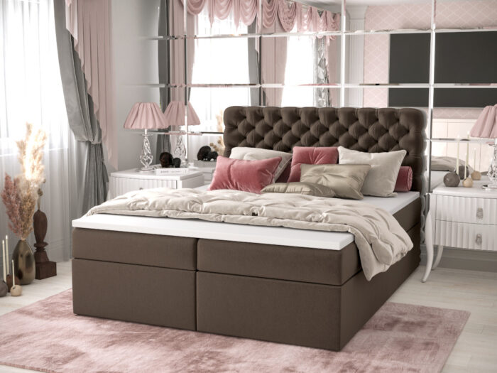 Pikowane Łóżko Kontynentalne 160x200 Styl Chesterfield + 2 Pojemniki Na Pościel + 2 Materace Bonell - Wybór Kolorów - SEMPRE