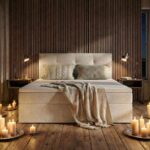 Beżowe Łóżko Kontynentalne 160x200 Sega w nastrojowej sypialni