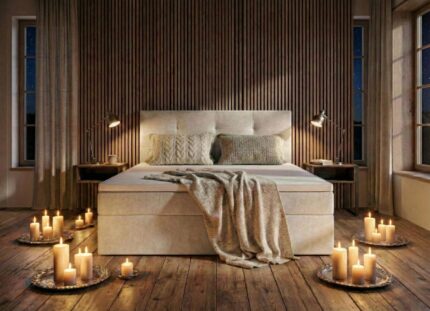 Beżowe Łóżko Kontynentalne 160x200 Sega w nastrojowej sypialni