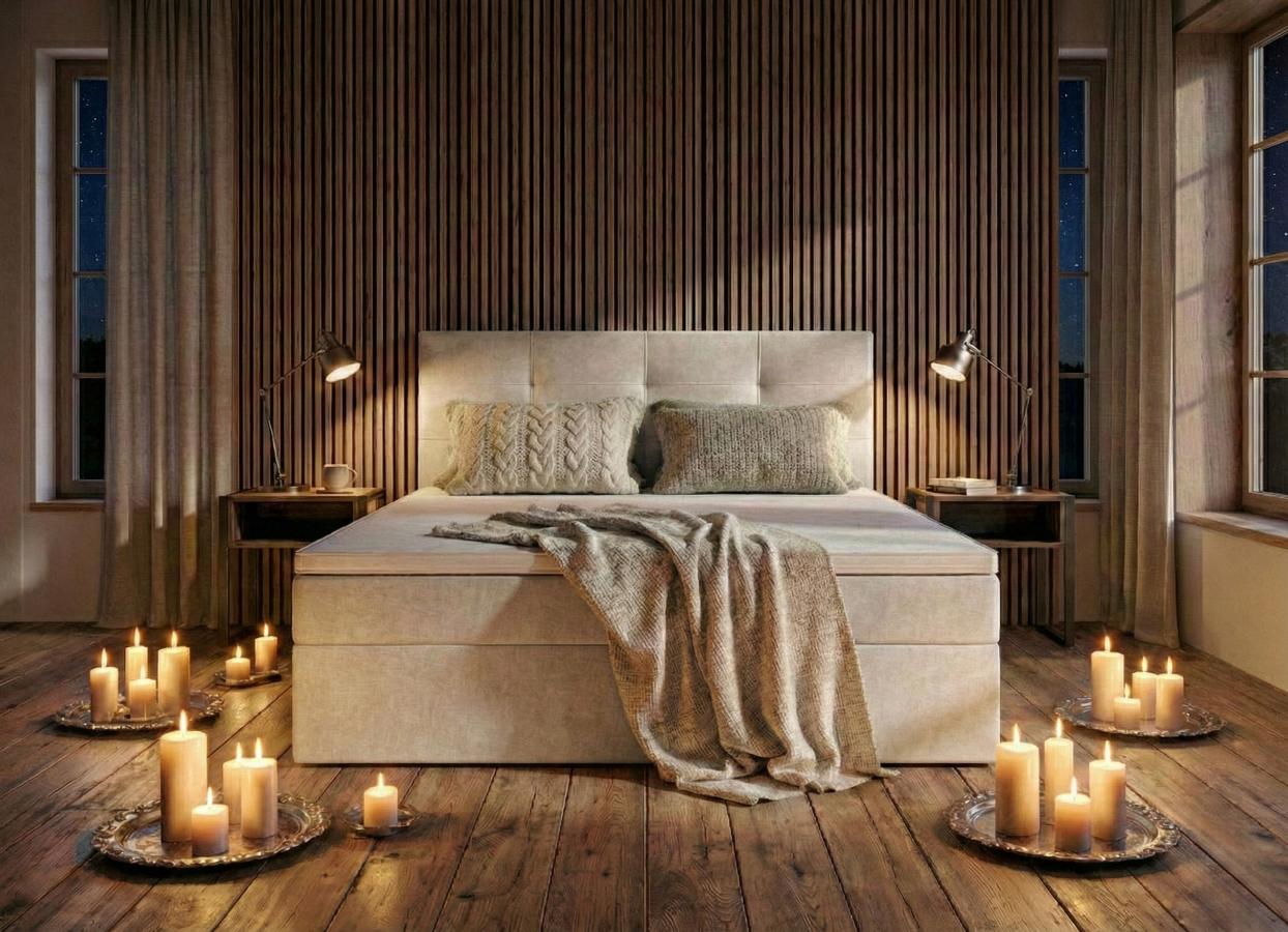 lozko-sega-w-nastrojowej-sypialni-przy-swiecach Beżowe Łóżko Kontynentalne 160x200 Sega w nastrojowej sypialni
