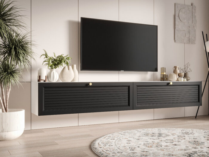 Zestaw Mebli RTV 230 CM Szafki Wiszące Biało-Czarne + Fronty Frezowane Malowane MDF 18 MM + Wybór Wzorów EKWADOR