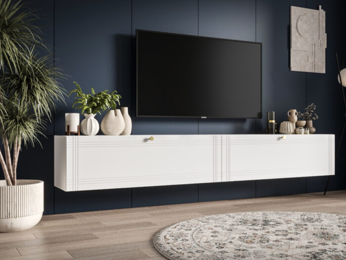Mały Zestaw RTV 230 CM Białe Szafki Wiszące + Fronty Frezowane Malowane MDF 18 MM + Wybór Wzorów EKWADOR