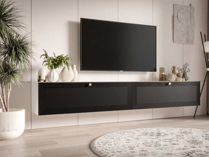 Zestaw Mebli RTV 230 CM Szafki Wiszące Biało-Czarne + Fronty Frezowane Malowane MDF 18 MM + Wybór Wzorów EKWADOR