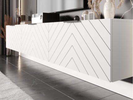 Białe Meble RTV 225 CM - Nowoczesna Meblościanka - Szafki Modułowe Wiszące + Fronty Frezowane Jodełki MDF 18 MM + Cichy Domyk MONACO