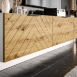 Meble RTV 225 CM - Dąb Dziki + Biały - Nowoczesna Meblościanka - Szafki Modułowe Wiszące + Fronty Frezowane Jodełki MDF 18 MM + Cichy Domyk MONACO