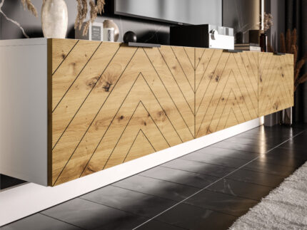 Meble RTV 225 CM - Dąb Dziki + Biały - Nowoczesna Meblościanka - Szafki Modułowe Wiszące + Fronty Frezowane Jodełki MDF 18 MM + Cichy Domyk MONACO