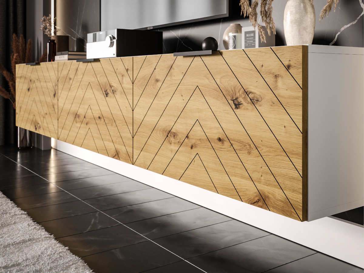 Meble RTV 225 CM - Dąb Dziki + Biały - Nowoczesna Meblościanka - Szafki Modułowe Wiszące + Fronty Frezowane Jodełki MDF 18 MM + Cichy Domyk MONACO