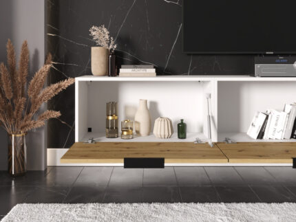 Meble RTV 225 CM - Dąb Dziki + Biały - Nowoczesna Meblościanka - Szafki Modułowe Wiszące + Fronty Frezowane Jodełki MDF 18 MM + Cichy Domyk MONACO