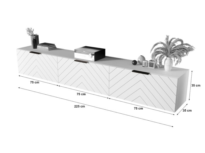 Białe Meble RTV 225 CM - Nowoczesna Meblościanka - Szafki Modułowe Wiszące + Fronty Frezowane Jodełki MDF 18 MM + Cichy Domyk MONACO