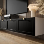 Designerska Meblościanka RTV 220 CM - Biały Zestaw Szafek Modułowych Wiszących + Fronty Frezowane Lakierowane + Wybór Wzorów OSLO