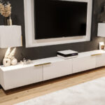 Nowoczesna Meblościanka RTV 300 CM Z Lamelami - Szafki Modułowe Wiszące - Zestaw Mebli Salonowych + Fronty Frezowane Lakierowane MDF 18 MM + Wybór Wzorów TOKYO