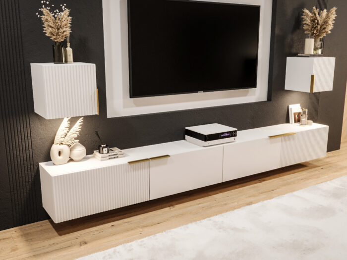 Nowoczesna Meblościanka RTV 300 CM Z Lamelami - Szafki Modułowe Wiszące - Zestaw Mebli Salonowych + Fronty Frezowane Lakierowane MDF 18 MM + Wybór Wzorów TOKYO