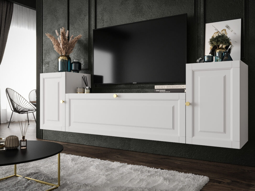 Meblościanka Do Salonu 185X55X35 CM + Cichy Domyk + Fronty Frezowane Malowane MDF 18 MM MAROKO