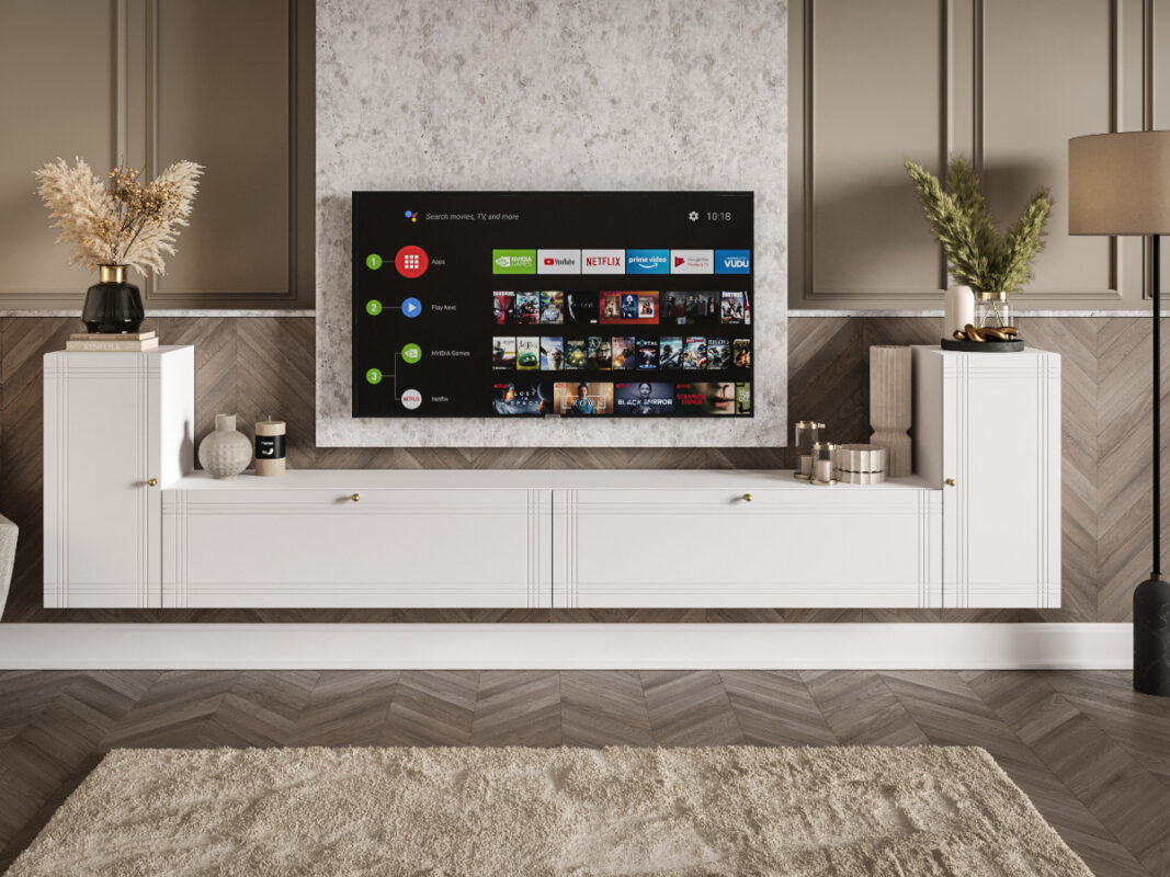 Meblościanka Biała RTV Zestaw Szafek Do Salonu 300X75X35 CM + Fronty Frezowane Malowane MDF 18 MM BOSTON