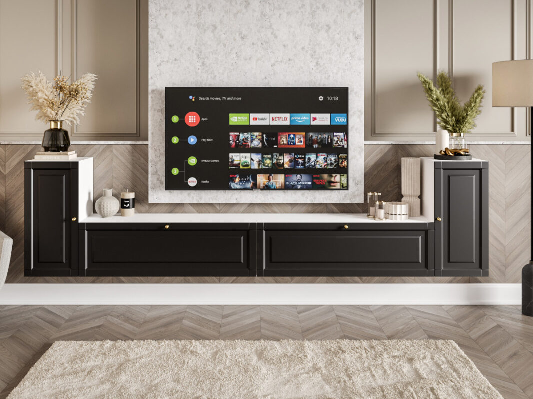 Nowoczesne Meble RTV - Meblościanka Biało Czarna Zestaw Szafek Do Salonu 300X75X35 CM + Fronty Frezowane Malowane MDF 18 MM BOSTON