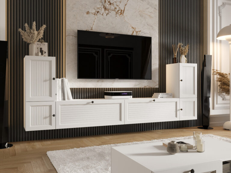 Meblościanka Biała Do Salonu 260X90X35 CM + Fronty Frezowane Malowane MDF 18 MM ARIZONA