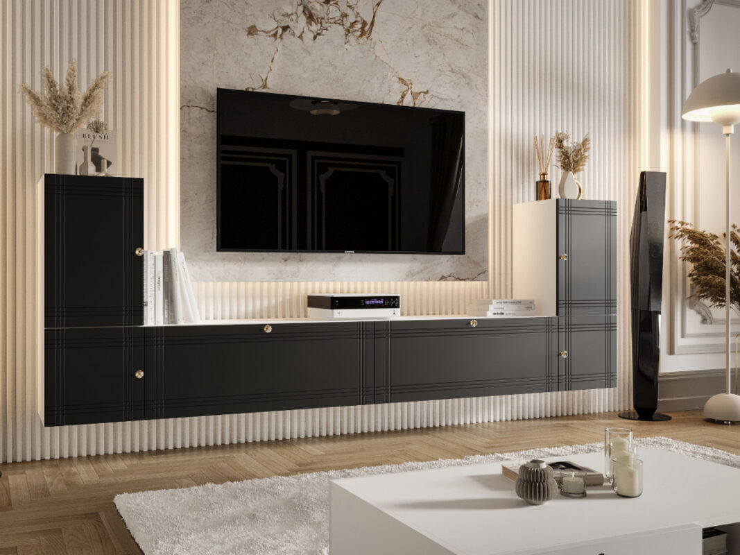 Meblościanka Biało Czarna Do Salonu 260X90X35 CM + Fronty Frezowane Malowane MDF 18 MM ARIZONA