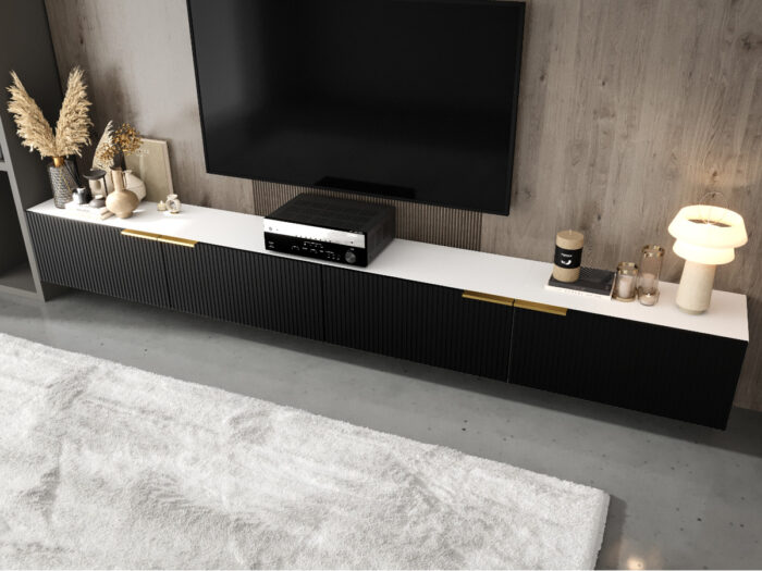 Meblościanka Biało Czarna 300 CM Nowoczesne Meble RTV Szafki Modułowe Do Salonu+ Fronty Frezowane Lakierowane MDF 18 MM + Wybór Wzorów BORBA