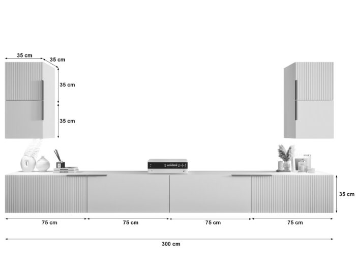 Biała Nowoczesna Meblościanka 300 CM - Szafki Modułowe RTV - Zestaw Mebli Salonowych + Fronty Frezowane Lakierowane MDF 18 MM + Wybór Wzorów LUKKA