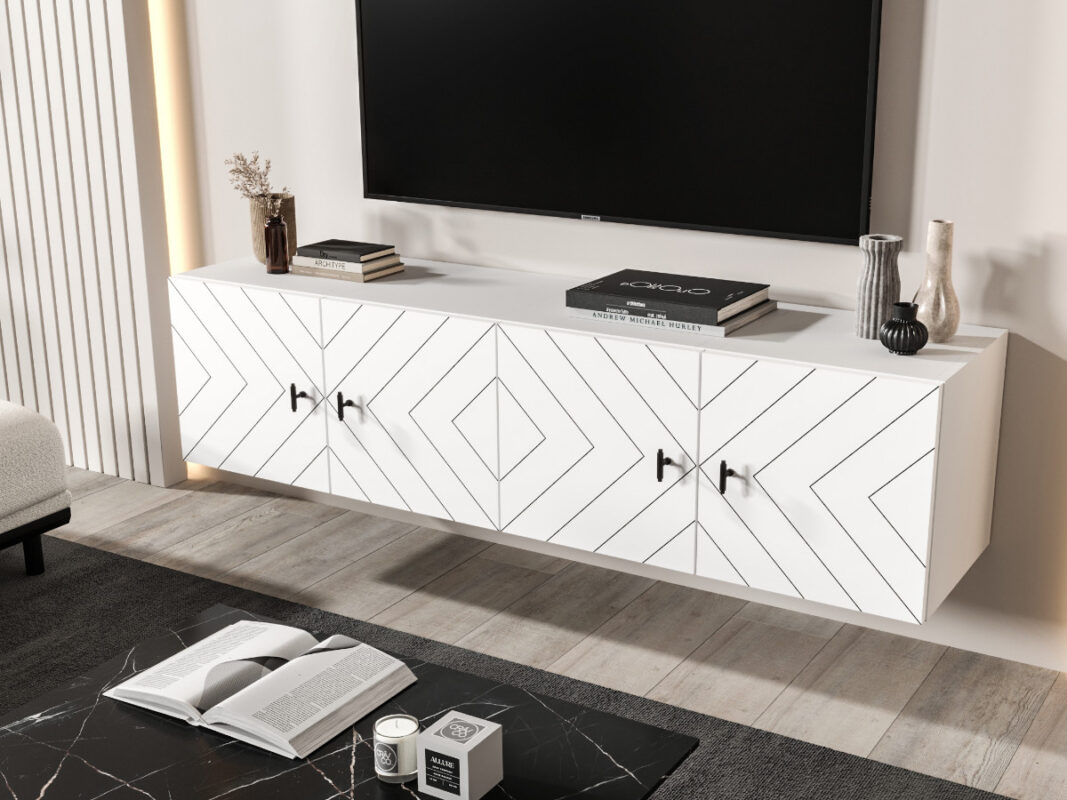 Meble RTV 140 CM - 4 Szafki Wiszące Modułowe + Fronty Frezowane W Styl Jodły - COSTA - OFERTA MAGAZYNOWA - WYSYŁKA 24H