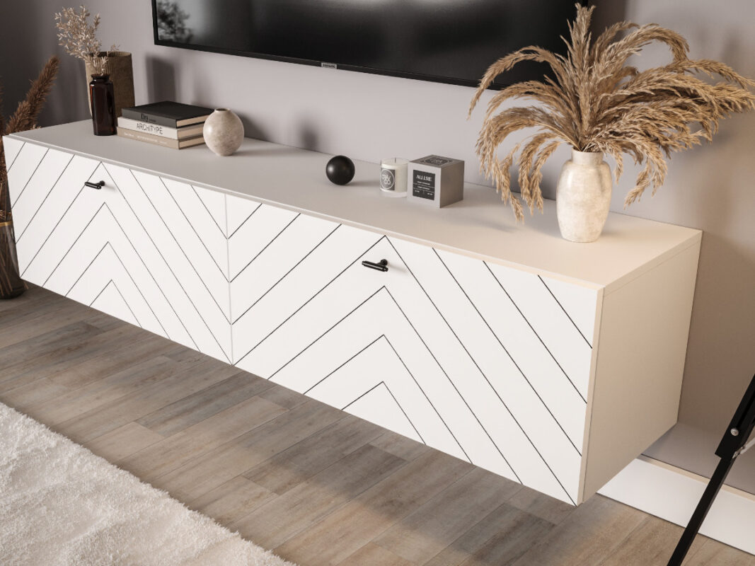 Meble RTV 150 CM - 2 Szafki Wiszące Modułowe + Fronty Frezowane W Styl Jodełki - RIO - OFERTA MAGAZYNOWA - WYSYŁKA 24H