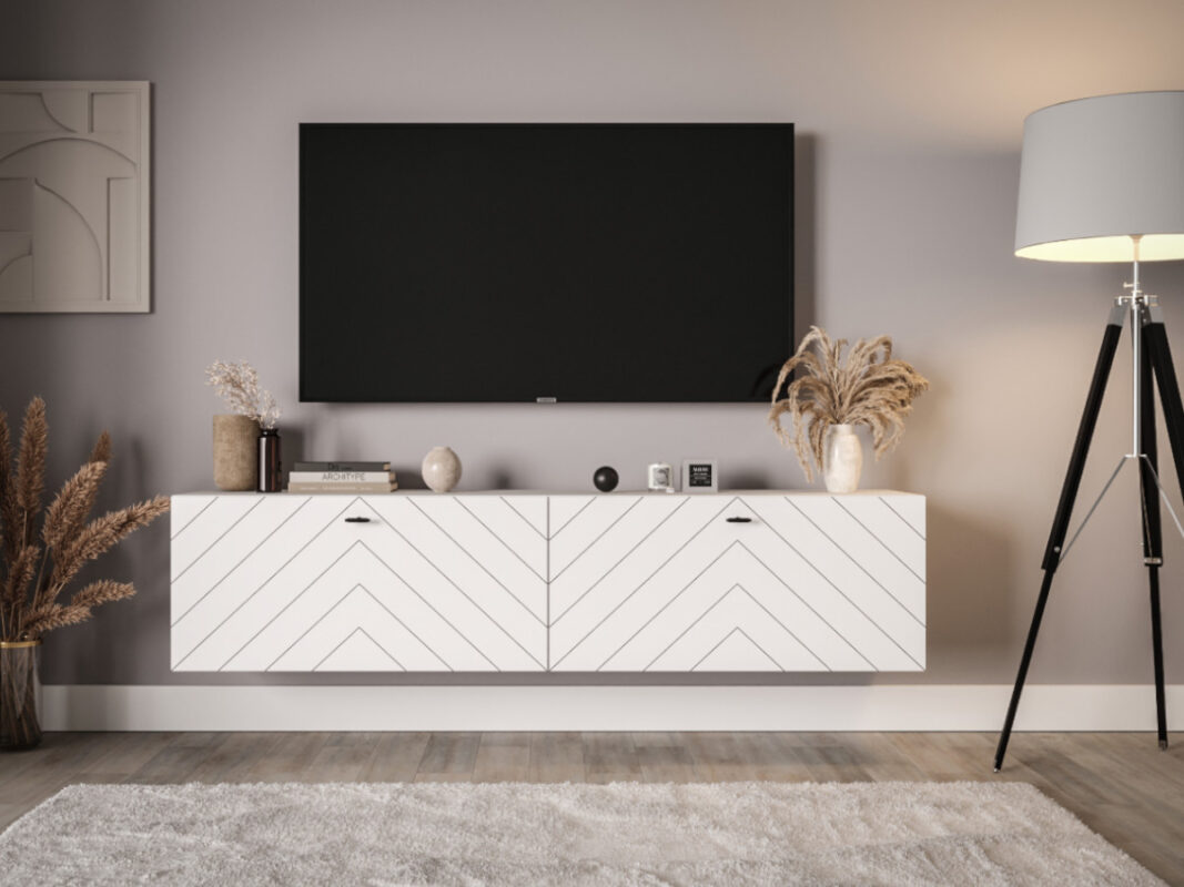Meble RTV 150 CM - 2 Szafki Wiszące Modułowe + Fronty Frezowane W Styl Jodełki - RIO - OFERTA MAGAZYNOWA - WYSYŁKA 24H
