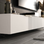 Meble RTV Z Lamelami 300 CM Nowoczesna Meblościanka - Szafki Modułowe Wiszące Zestaw + Fronty Frezowane Lakierowane MDF 18 MM + Wybór Wzorów CORDOBA