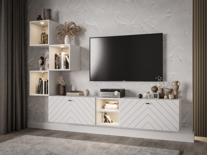 Zestaw Mebli RTV 220 CM Nowoczesna Meblościanka - Szafki Modułowe Wiszące + Fronty Frezowane Jodełki MDF 18 MM + Wybór Kolorów MALTA