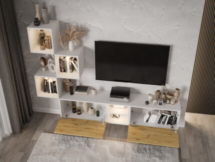 Zestaw Mebli RTV 220 CM Nowoczesna Meblościanka - Szafki Modułowe Wiszące + Fronty Frezowane Jodełki MDF 18 MM + Wybór Kolorów MALTA