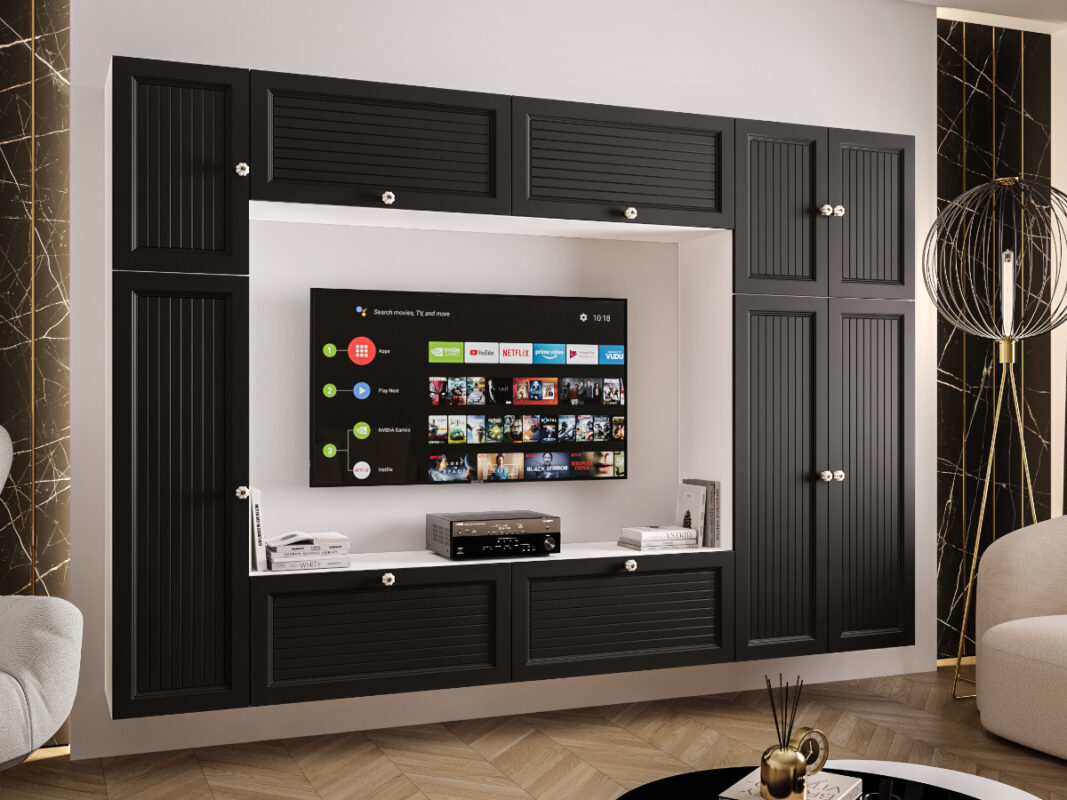 Duży Zestaw RTV Meblościanka Z Szafą 255X170X35 CM - Opcja Własnej Konfiguracji - Fronty Frezowane MDF 18 MM PRAGA