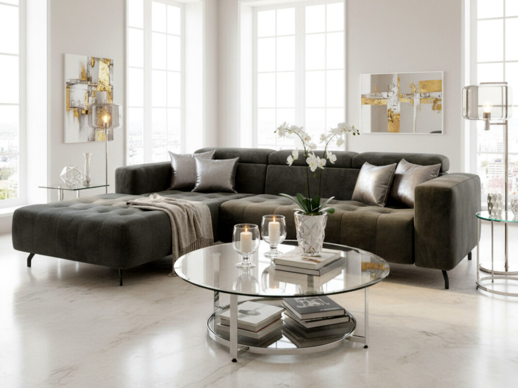 Nowoczesny Narożnik 265x205 CM Sofa Rogowa + Regulowana Wysokość Zagłówków + Sprężyny Faliste + Pianka HR + Wysokie Nóżki - ABRA